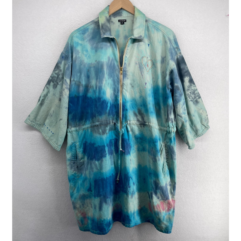 J.CREW Dress M Crafted Cinched Zip Up Drapey Cotton Tie Dye Puff Sleeve Blue